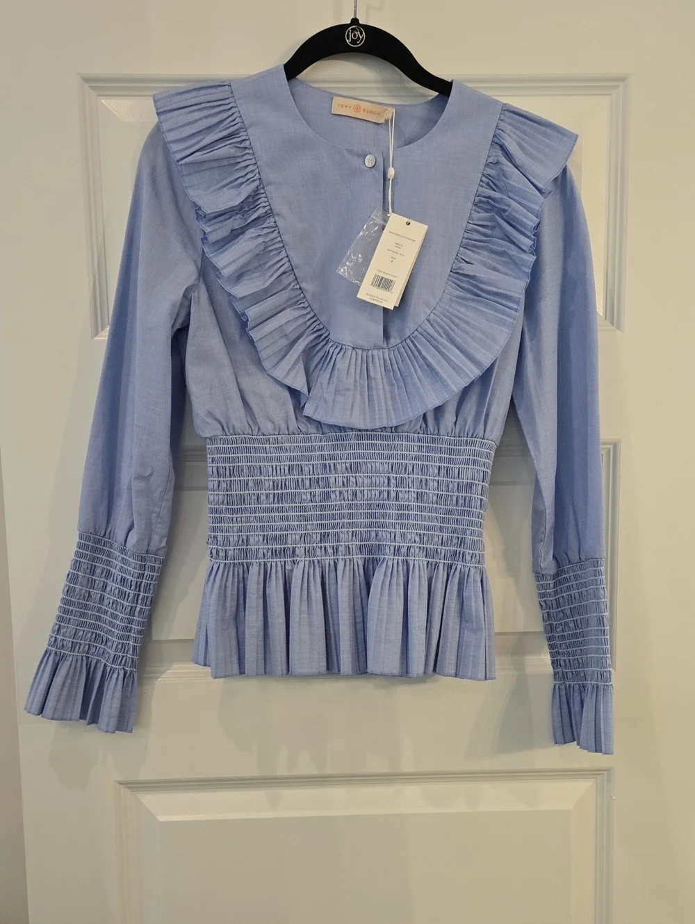 Tory Burch Light Blue Ruffled Smocked Cotton Blouse